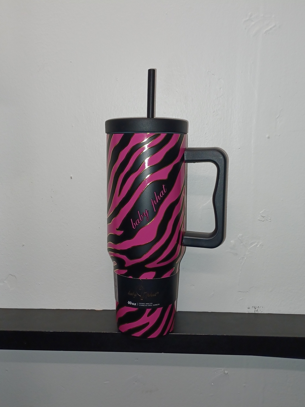 Baby Phat Hot Pink and Black Zebra Travel Mug with Handle